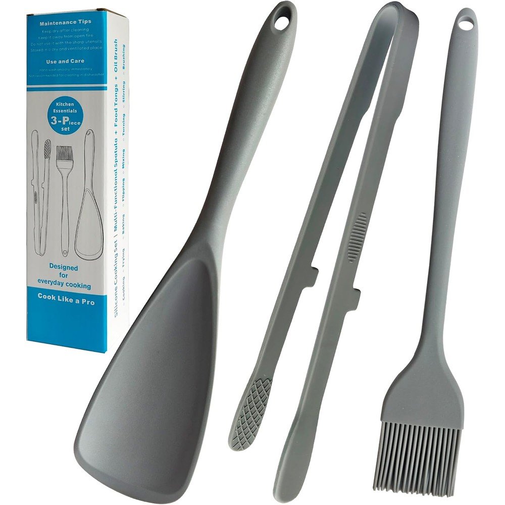 3-Piece Silicone Cooking Set – Spatula, Tongs & Basting Brush
